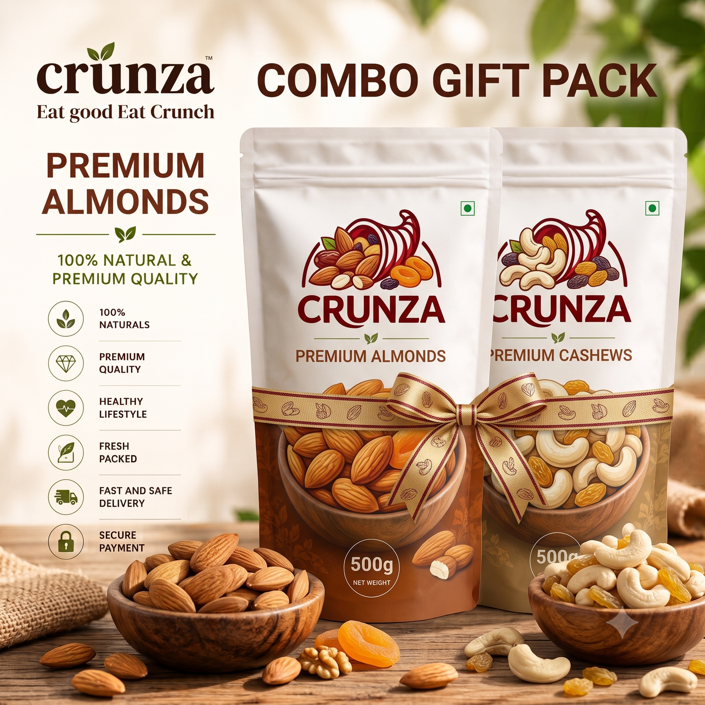CRUNZA Premium Cashews + Almonds Combo – 1kg (500g Cashews + 500g Almonds) | 100% Natural | Fresh & Healthy