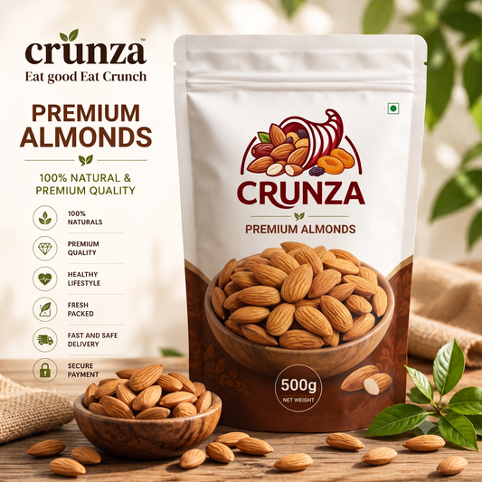 CRUNZA Premium Almonds (Badam) – 500g | 100% Natural | Fresh & Crunchy