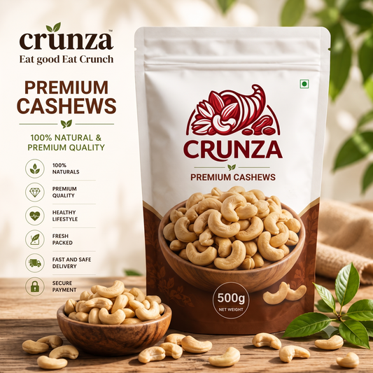 CRUNZA Premium Cashews (Kaju) – 500g | 100% Natural | Fresh & Crunchy